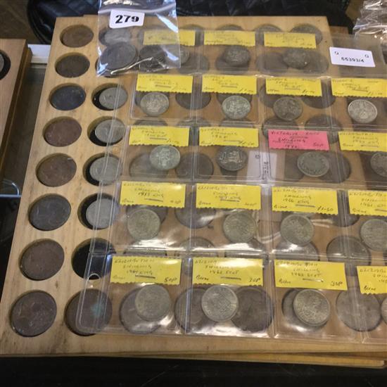 GB COINS, QA to QEII, Half Crowns, Florins, inc Gothic & Australia, Shillings & 6d, some copper & 3d (Q)